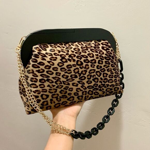 Handmade Real Hair-on-horsehide Leopard Print Wooden Frame Bag & 2 Straps Styles - Picture 1 of 16